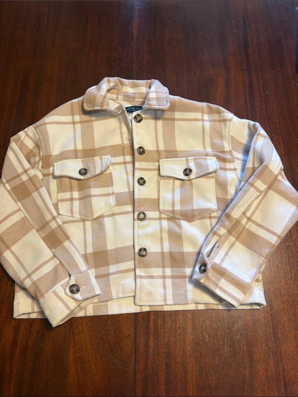Love Tree Plaid Shacket Jacket - Beige & Cream
